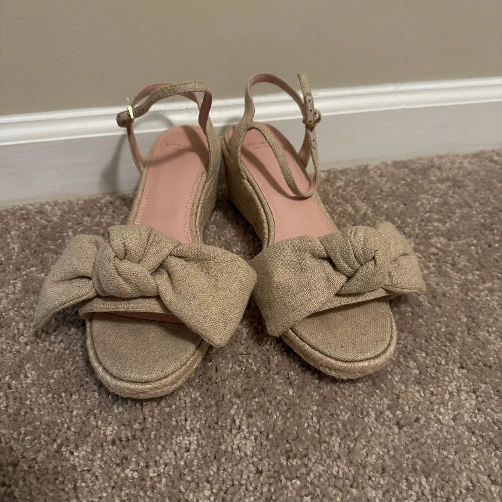 Kate Spade Leandra Espadrille Wedge Sandals Linen Knot Beige Tan 8B K4832
